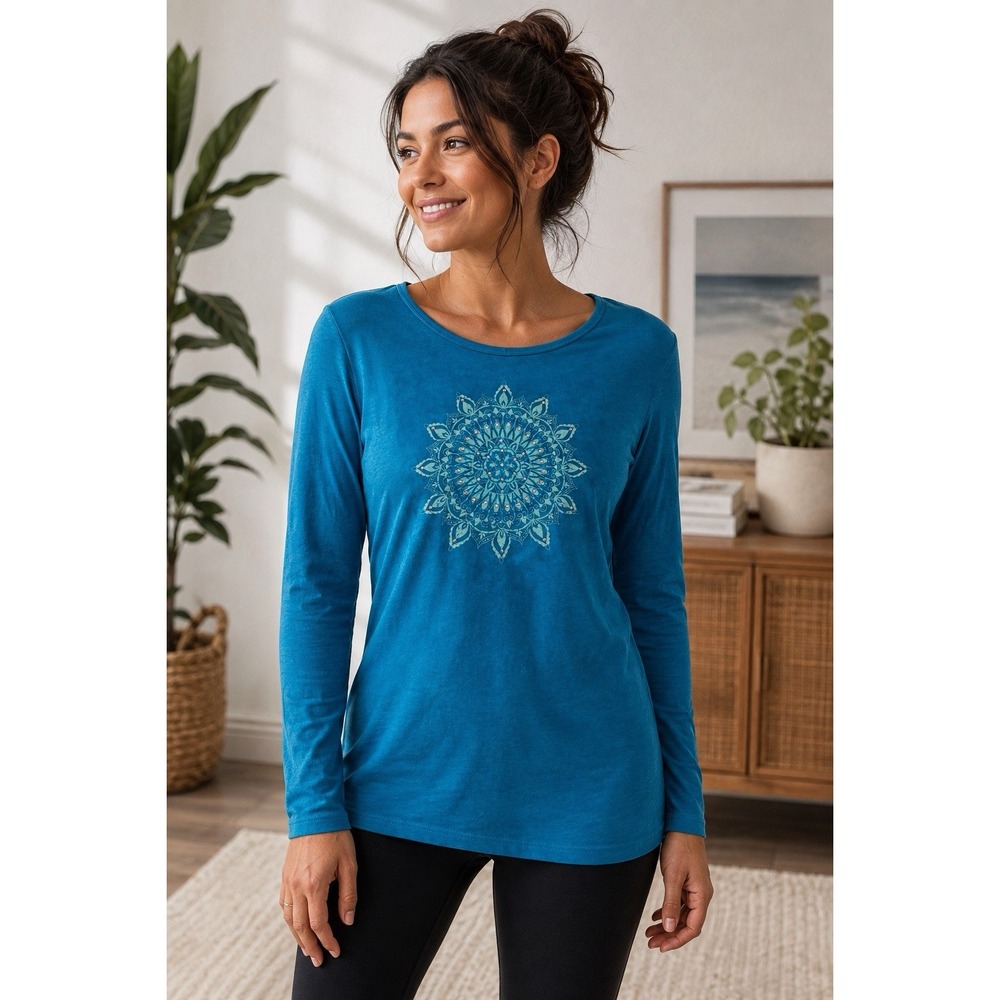 Earth Yoga Organic Cotton Bamboo Long Sleeve Tee Rhinestone Mandala Medium